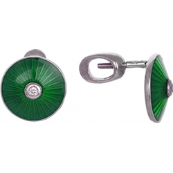 Серьги пусеты (гвоздики) с бриллиантом и зеленой эмалью